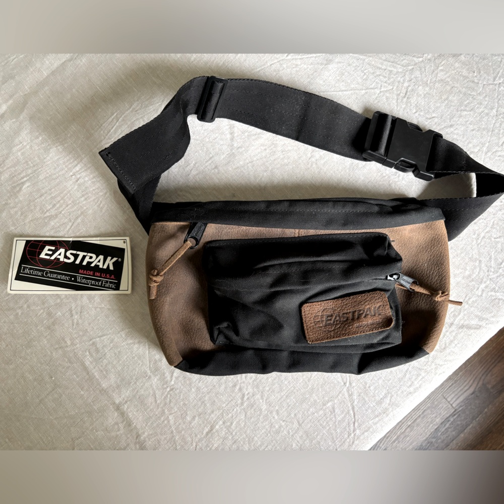 Vintage 90’s Eastpak Black and Brown Leather and Canvas Waist Bag Fanny Pack
